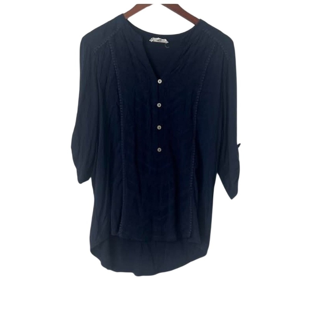 Workshop by Republic Navy Blue Crochet Lace Trim Roll Tab Sleeve Blouse Large